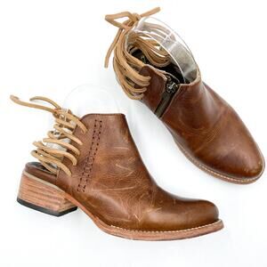 Freebird Jojo Bootie Brown Leather Ankle Strappy Lace Up Side‎ Zip Sz 7 Women's